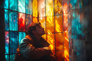 Reflective male sits quietly in a serene church setting, illuminated by the vivid stained glass light