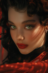 Fototapeta premium Luxurious portrait of a woman with black hair and green eyes.