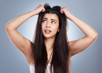 Frustrated woman, hair and damage with disaster for bad day, treatment or haircut on a blue studio...