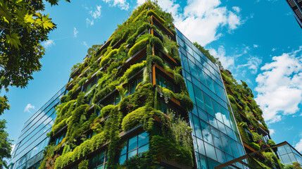 Modern green office building covered with vertical gardens, showcasing urban sustainable architecture