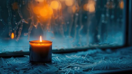 A single candle burns on a windowsill. The window is covered in frost and the candle is reflected in the glass. The candle is the only source of light in the image.