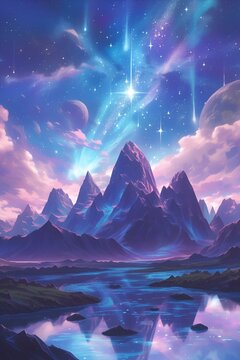 AI generated illustration of an animated mountain landscape with a flowing stream under a starry sky