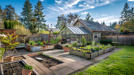 Fototapeta premium Sunset in the garden with vegetable beds and a greenhouse on the background ,solar powered greenhouse for year round permaculture