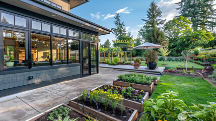 Obraz premium Sunset in the garden with vegetable beds and a greenhouse on the background ,solar powered greenhouse for year round permaculture