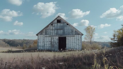 Rustic old barn surrounded by grassland and forest landscape.