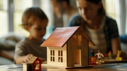 A family builds a wooden house model with a red roof on a table in a children's room, with blurred people working