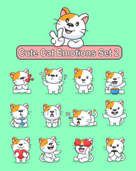 Set of cute cat cartoon character in various poses stickers vector illustration