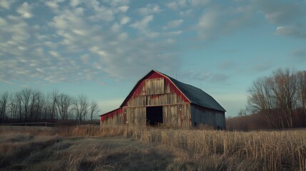 Obraz premium Rustic old barn surrounded by grassland and forest landscape.