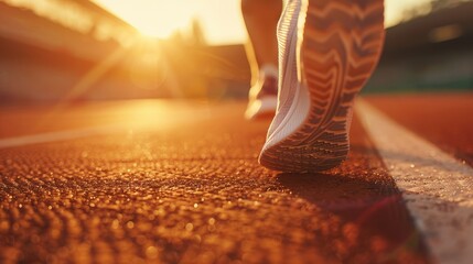 The focus on the sole of a running shoe as an athlete sprints down the track at sunset, highlighting the texture and grip, with the stadium's ambiance providing a competitive feel - Powered by Adobe