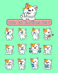 Fototapeta premium Set of cute cat cartoon character in various poses stickers vector illustration