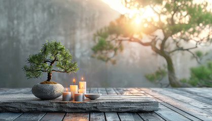 a bonsai tree and candles on a wooden table symbolize balance and harmony in a zen concept, embodying peace and tranquility