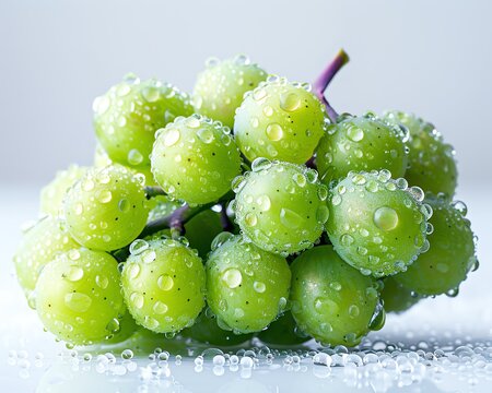 Close-up of fresh green grapes with water droplets, showcasing their vibrant color and juicy texture against a light background.