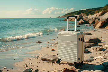 A white suitcase at the beach, vacation plans concept, copy space