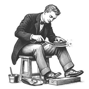 man polishing shoes, vintage style, black and white clip art preview