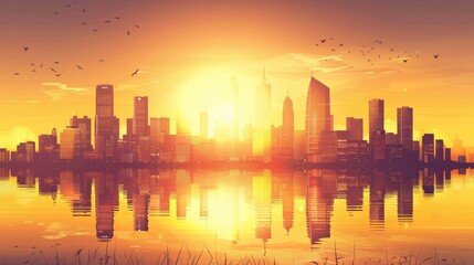 Fototapeta premium Captivating Urban Landscape at Dawn with Shimmering Reflections