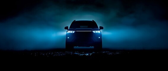 A blue SUV vehicle with its headlights on is illuminated against the darkness, creating an eye-catching effect Generative AI