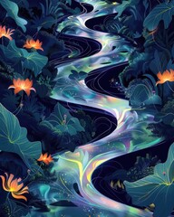 Naklejka premium Enchanted Bioluminescent Garden with Flowing Streams and Otherworldly Florals