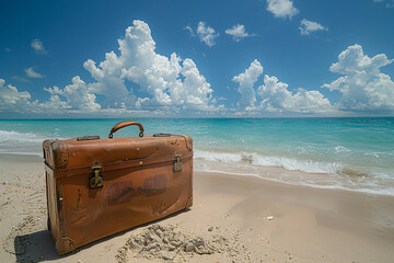 An old leather suitcase at the beach, vacation plans concept, copy space