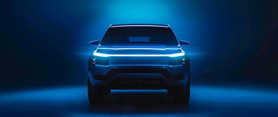 A blue SUV with its headlights on is illuminated against the dark background, creating an attractive visual effect Generative AI