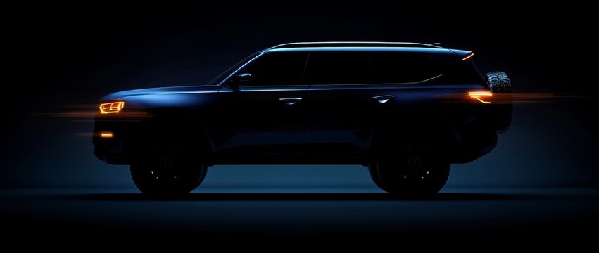 recommend clip art: A dark blue SUV vehicle with headlights on is illuminated against the background of darkness, creating an effect that highlights its silhouette and outlines it in high contrast Generative AI