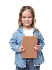 Cute little girl with book on white background