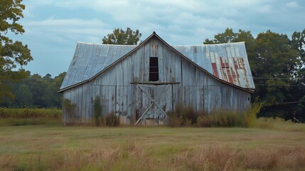 Obraz premium Rustic old barn surrounded by grassland and forest landscape.