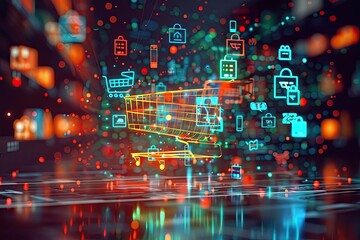 Vibrant Digital Cityscape with Floating Shopping Carts and Product Icons Illustrating the Dynamism of Modern E Commerce