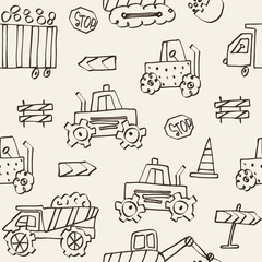 Doodle construction machines seamless pattern. Building cars for kids design