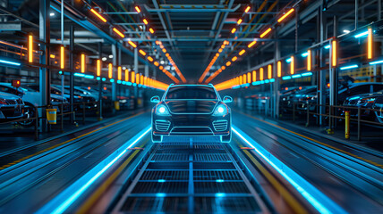 Creative Background, Automated Car Factory Concept, Robotic Arm Building Cars, Blue Glowing Bright Line,generative ai