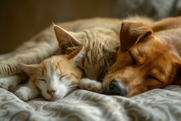 Serene moment of a dog and two cats cuddled up, sleeping peacefully on a cozy blanket