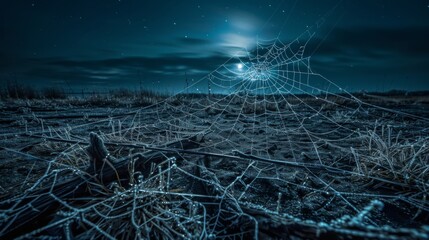 Night landscape with a moon, stars and a spider web for halloween or fantasy themed designs