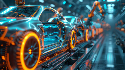 Creative Background, Automated Car Factory Concept, Robotic Arm Building Cars, Blue Glowing Bright Line,generative ai