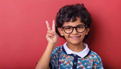 An indian 5 years smart student boy showing a victory sign with his hand spectacles on face