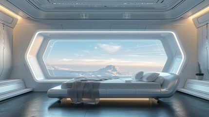 A minimalistic futuristic bed in a sleek, simple bedroom with a large window showing space, Scifi, Cool tones, 3D Render