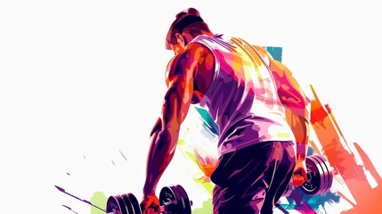 Vibrant watercolor illustration of a muscular man lifting weights, showcasing strength and fitness through dynamic and colorful art.