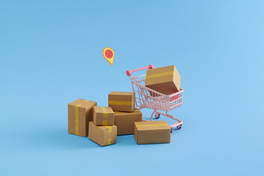 Shopping cart supermarket with boxes and red location pointer