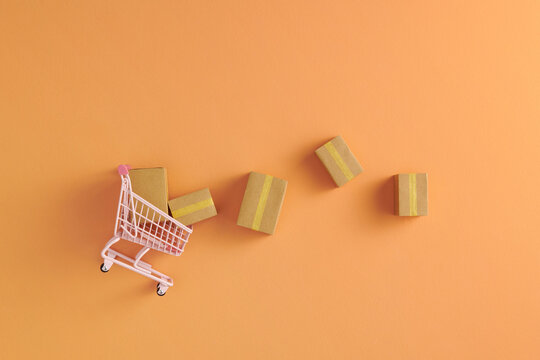 Shopping Trolley with Parcel boxes, Shopping Online Concept