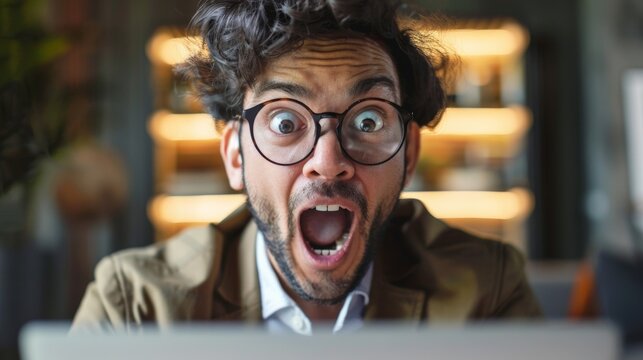 A businessperson showing surprise and excitement after receiving good news via email