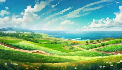 Fototapeta premium landscape with green field and blue sky