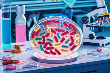 Advanced Microbiology Laboratory with Colorful Bacteria Cultures and Scientific Equipment.