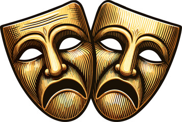 two theater masks sad and happy faces, vector flat style