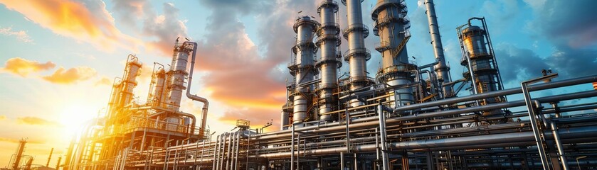 A petrochemical plant with advanced leak detection and prevention systems, minimizing environmental hazards, Industrial, Realistic, Clean and controlled tones