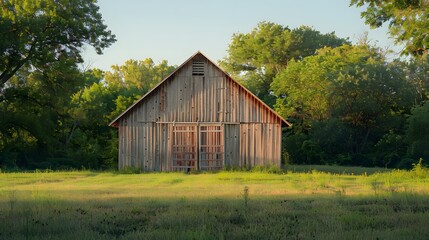 Obraz premium Rustic old barn surrounded by grassland and forest landscape.