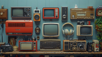 Craft a nostalgic collage showcasing iconic gadgets telephone, PC, smartphone, internet, TV celebrating tech history.generative ai