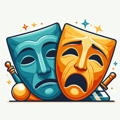 two theater masks sad and happy faces, vector flat style