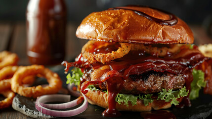 Close up of mouthwatering juicy burger with bacon and onion rings, drizzled in barbeque sauce on dark wooden table. - Powered by Adobe