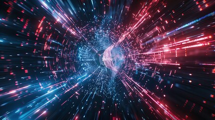 Abstract technology background showcasing high speed global data transfer, ultra-fast broadband connections, digital explosion, and cyber tech motion.