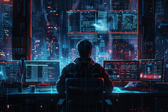 A secret agent in a hightech control room, monitoring encrypted messages, Scifi, Digital art, Cool and dark palette