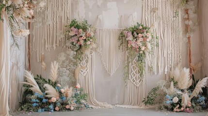 Wedding ceremony in a rustic barn with wooden chairs and a macrame backdrop