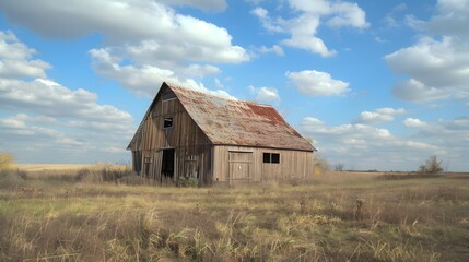 Obraz premium Rustic old barn surrounded by grassland and forest landscape.